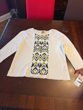 Ruby Rd. White Sweater with Black, Gray and Lime Green Sequin Geometric Panel